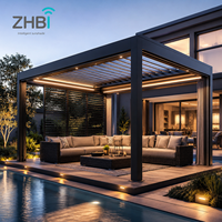 Pergola en aluminium blanc à lames orientables avec portes coulissantes en verre, véranda extérieure pour piscine, villa, jardin, espace lounge