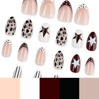 Unghie Finte Leopardate Marroni con Motivi Misti, Stile Street, Unghie Finte a Mandorla per Feste, Manicure a Righe e Pois 4526