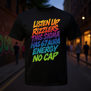 Esta camiseta promocional negra para hombre de Sigma Has 67 Aura Energy Rizzlers - Product Image 3