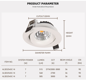 Foco LED Empotrable Regulable Triac/0-10V/DALI IP44 de 7W, Downlight COB de Aluminio para Techo - Product Image 6