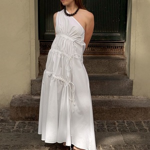 Custom Women One Shoulder <b>Maxi</b> Dress Side Drawstring Tiered Ruffle Long Dress Sleeveless Cotton Casual Vacation <b>White</b> Dress - Product Image 2