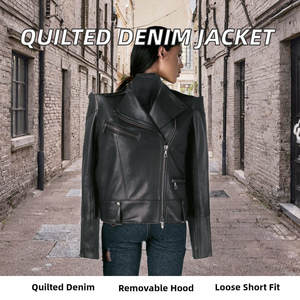 Quilted Summer Casual Denim <b>Jacket</b> with Hood Puff Sleeves Zipper Closure Washed Finish Solid Color Leather <b>Jackets</b> - Product Image 2