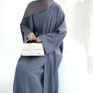 Ultimo due pezzi modesto Set di Abaya in lino 2 pezzi abbinata a Kimono senza maniche abito interno musulmano Set Ramadan Abaya - Product Image 4