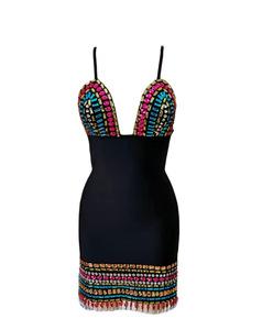 Robe noire sexy à bretelles en V, ornée de pampilles et de diamants, coupe trapèze, en polyester/coton, taille élastique - Product Image 5