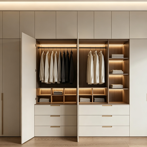 <span class=keywords><strong>Armoire</strong></span> de chambre à coucher en bois naturel RTA (prête à assembler) avec tiroirs et tringle de suspension pour la décoration intérieure – Fabrication OEM/ODM - Product Image 4