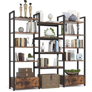 رف كتب ثلاثي من 5 مستويات مع 2 أدراج رف كتب خشبي ومعدني على النمط الصناعي - Product Image 1