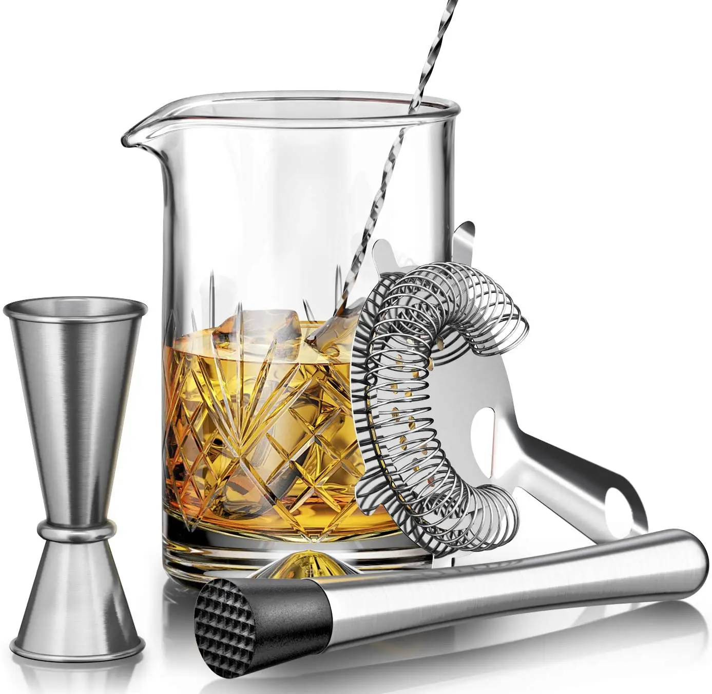 Professional Cocktail Mixing Set With Crystal Mixing Glass, Spoon,Japanese Jigger, Strainer ,Muddler