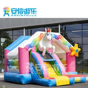 Attractive Colorful Unicorn Front Slide Inflatable Bouncer Combo With Rain Roof