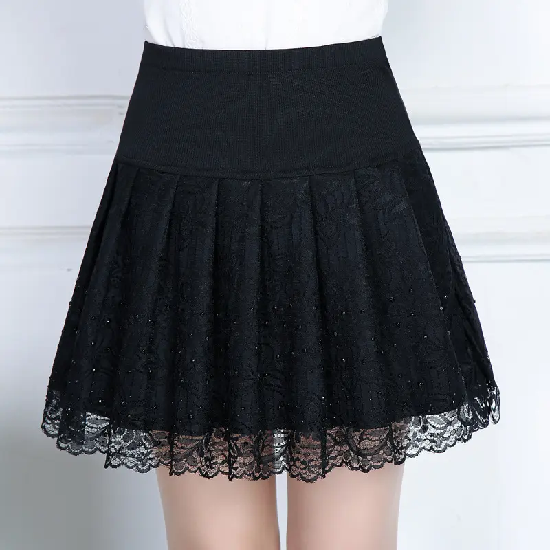 Summer Style Sexy Skirt for Girl Korean Women Clothing Lace Solid Color High Quality A-Line Mini Pleated Skirt