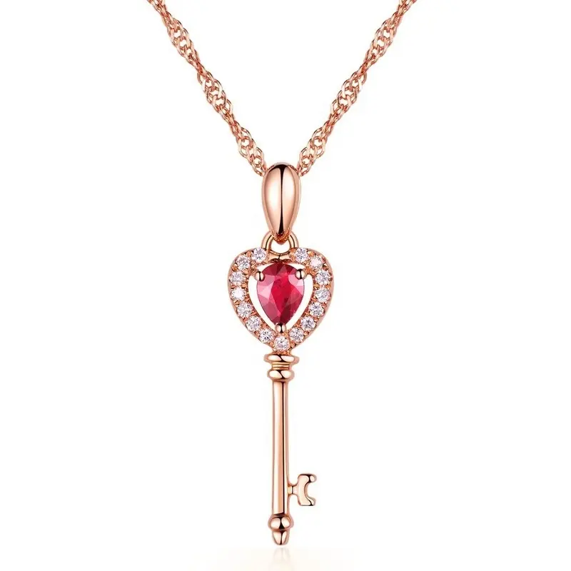 Mới Đến 18K Rose Gold Màu Key Ruby Mặt Dây Chuyền Cho Nữ Pear Zircon Trang Sức Red Gemstone Pendant Necklace Bridal Wedding