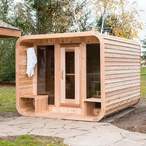 Gỗ Tuyết Tùng Đỏ Ngoài Trời Cube Phòng Tắm Hơi Bằng Gỗ Truyền Thống Phòng Tắm Hơi Cabin Với Hiên Nhà Trước