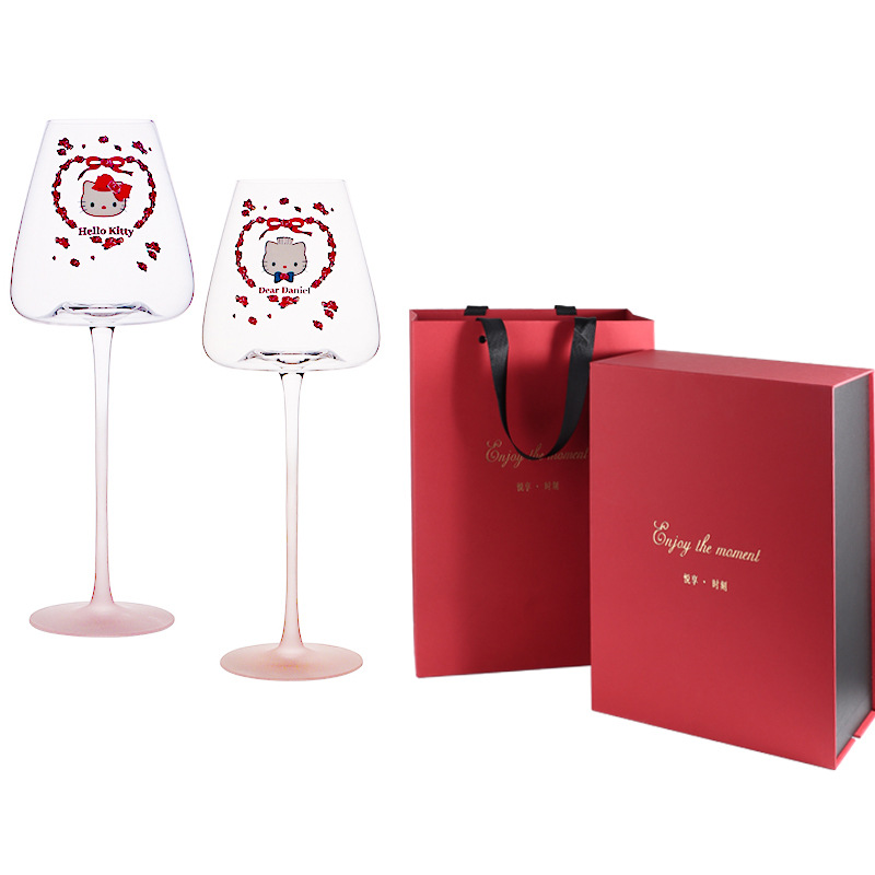 Copa de vino tinto con fondo cóncavo rosa Kitty Cat (caja de regalo doble)