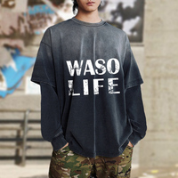 T-shirts surdimensionnés pour hommes T-shirt vintage en coton patchwork graphique à manches longues et double couche à imprimé acide