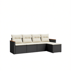 Ensemble de canapés de jardin en rotin noir avec coussins crème, mobilier d'extérieur au design contemporain, résistant à l'eau et aux UV, en rotin PE - Product Image 1