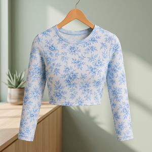 Camiseta de Pijama de Manga Larga para Niñas, 100% Algodón, Estampado Floral Azul, Suave y Elástica, UPF 35, Ropa de Dormir Corta para Niñas Pequeñas - Product Image 3