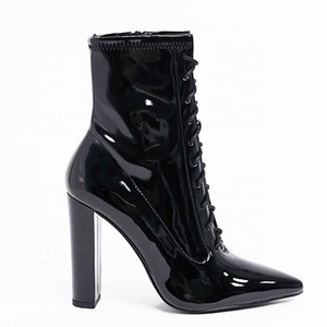 Front Lace up Mirror Upper Solid Pointed Toe Women <b>Ankle</b> Boots Fashion Side Zip Chunky Heel Short <b>Booties</b> Big Size 46 for Ladies - Product Image 3