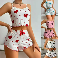 Pijamas Casuales de Verano para Mujer, Transpirables, de Punto Jacquard, con Tirantes Finos, Cintura Elástica, 2 Piezas, Lavado a Mano, Cuello Redondo