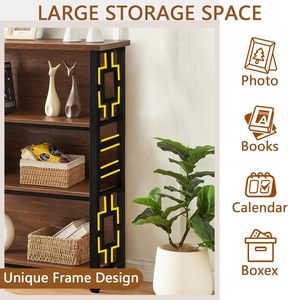 <span class=keywords><strong>Bibliothèque</strong></span> <span class=keywords><strong>basse</strong></span> et large en bois et métal brun rustique avec quatre niveaux de rangement profonds. Cette étagère compacte et courte convient aux petits salons - Product Image 2