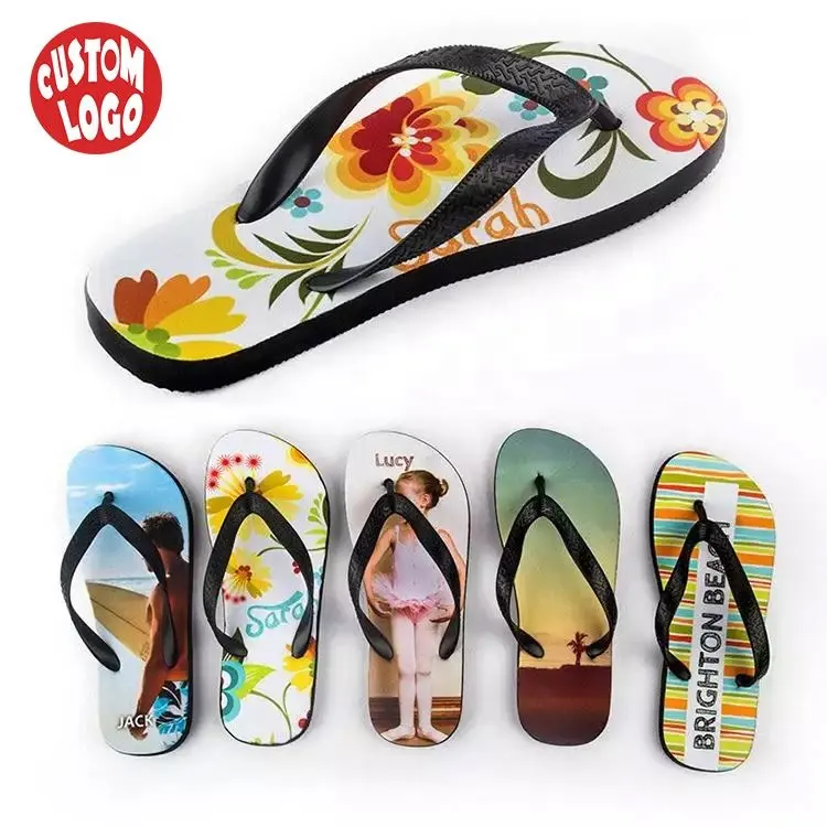 Yaz açık lastik terlik plaj Logo baskılı rahat yaz düz sandalet Flip flop kadınlar