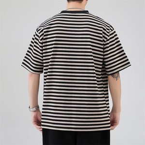 Camiseta de Manga Corta para Hombre, Estilo <span class=keywords><strong>Japon</strong></span>és, Cuello Redondo, Algodón Puro, Rayas, Corte Holgado, Verano <span class=keywords><strong>2022</strong></span>, 200g, Transpirable - Product Image 5