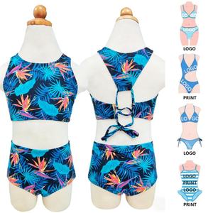 Conjunto de Bikini Personalizado OEM para Niñas, Estampado Floral Blanco y Negro, con Abertura en Forma de <span class=keywords><strong>Palma</strong></span>, Traje de Baño de Dos Piezas con Tirantes Ajustables para Playa y Arena - Product Image 1
