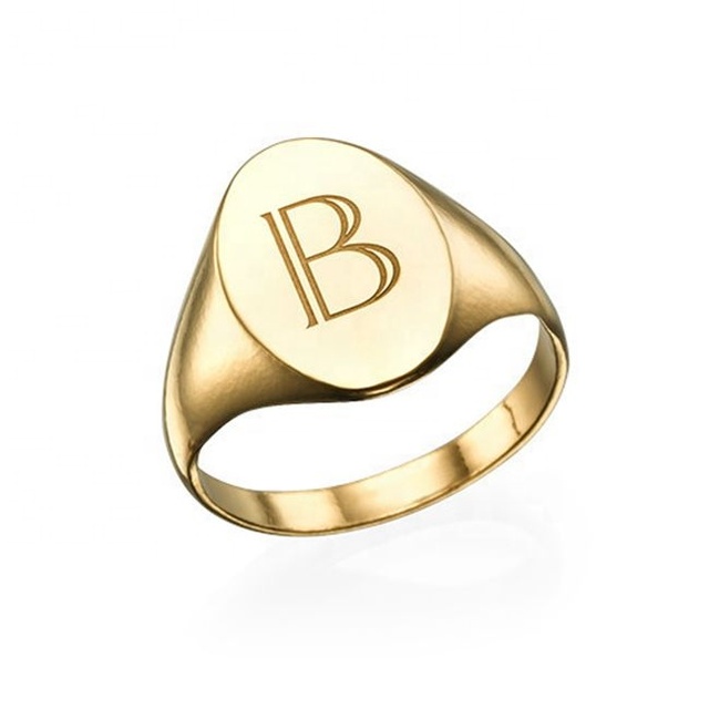 925 Sterling Silver Custom 18K Gold Plated Jewelry Personalized Initial Letter Oval Alphabet Signet Ring