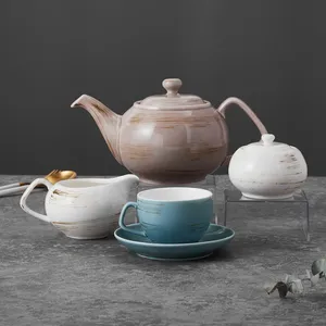 PITO Rustic Japanese Stoneware Ceramic Porcelain Supplier 15pcs Color Glaze Cup Saucer Sugar Milk Jug Set Teapot for Restaurant