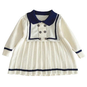 Vestido de Punto Estilo Marinero Casual para Niñas, Versión Coreana de Otoño, Manga Larga, Diseño Sólido, Vestido Plisado - Product Image 5