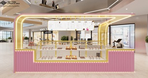 Kiosque à desserts rose personnalisé, mobilier de présentation en bois pour boulangerie, design d'intérieur de magasin de détail, vitrine en verre pour pâtisserie - Product Image 6