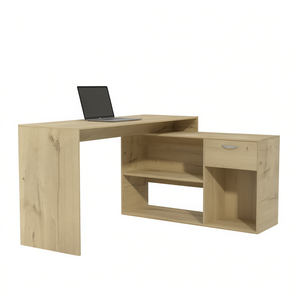 Scrivania a L Lyncliff in Rovere Chiaro con 1 Cassetto e 2 Ripiani, Design Contemporaneo, Postazione di Lavoro Indipendente - Product Image 1