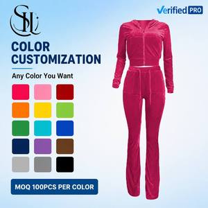 Conjunto Deportivo de Dos Piezas de Terciopelo para Mujer, con Logotipo Personalizado, Sudadera con Cierre y <span class=keywords><strong>Pantalones</strong></span> con Cordón, Corte Ajustado, Ropa Casual para Estar en Casa, Listo para Enviar - Product Image 3
