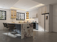 Lemari Dapur PRIMA Modern Elegan Bergaya Mewah dengan Finishing UV Mengkilap, Gagang Logam Emas, dan Lampu LED Terintegrasi