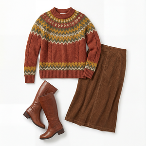 Set Maglione Vintage Fair Isle OEM ODM per <span class=keywords><strong>Donna</strong></span>, Top in Maglia Color Ruggine e Gonna Midi in Velluto a Coste Marrone, <span class=keywords><strong>Outfit</strong></span> Autunnale - Product Image 5