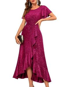 <span class=keywords><strong>Robe</strong></span> de soirée élégante noire à sequins pour <span class=keywords><strong>femme</strong></span>, col rond, manches à volants, coupe asymétrique, longueur midi, idéale pour <span class=keywords><strong>cocktail</strong></span> et <span class=keywords><strong>mariage</strong></span> - Product Image 6