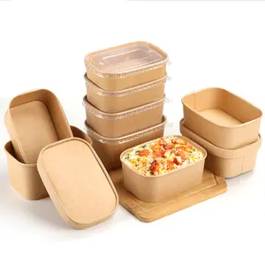 High Quality Biodegradable Food Packing Container 500ml 750ml 1000ml Oil Leak Proof Waterproof Kraft Paper Square Bowl