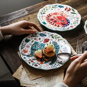 Plato de cerámica de dibujos animados de 8 pulgadas, suministros de cocina circulares para el hogar, adecuado para postre/PAN/fruta/aperitivo/bistec - Product Image 6