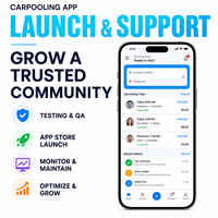 Soluciones de Aplicaciones para Compartir Vehículos (Carpooling) Inteligentes para iOS y Android con Publicación de Viajes, Emparejamiento de Pasajeros y Emparejamiento de Rutas LionCreate