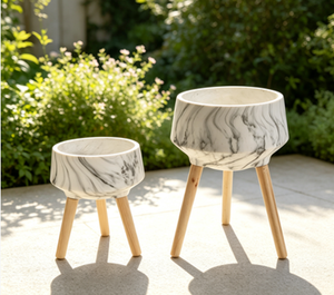 Modern Ceramic Flower Pots With <b>Wooden</b> Legs Marble Pattern Outdoor <b>Garden</b> <b>Planters</b> Minimalist Design Glazed Finish - Product Image 1