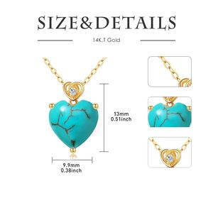 14K Gold Interlocking Heart Pendant, Natural Turquoise December Birthstone Heart <b>Necklace</b>, Women Vintage Boho Jewelry Birthday - Product Image 4