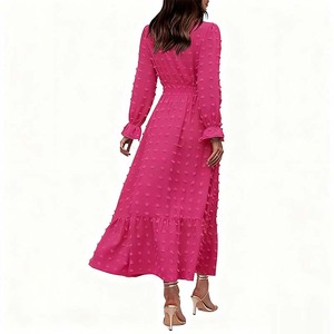 فستان نسائي أنيق عصري بحافة مكشكشة على شكل حرف A-line فستان طويل الأكمام برقبة V لطيف سويسري منقط عالي الخصر فستان غير رسمي لجميع الفصول - Product Image 2