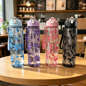 Bouteilles en plastique transparentes aux motifs mignons et créatifs, équipées d'une corde portable et d'une paille, idéales pour emporter à l'école - Product Image 1