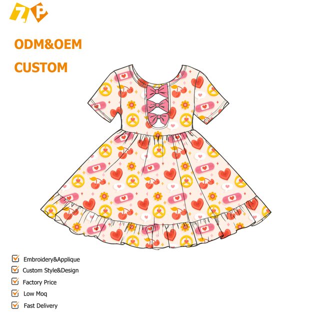Zhengpai Girls Valentine Dress Belt Bow Heart Print Love-themed Milk Silk Custom Wholesale Factory ODM