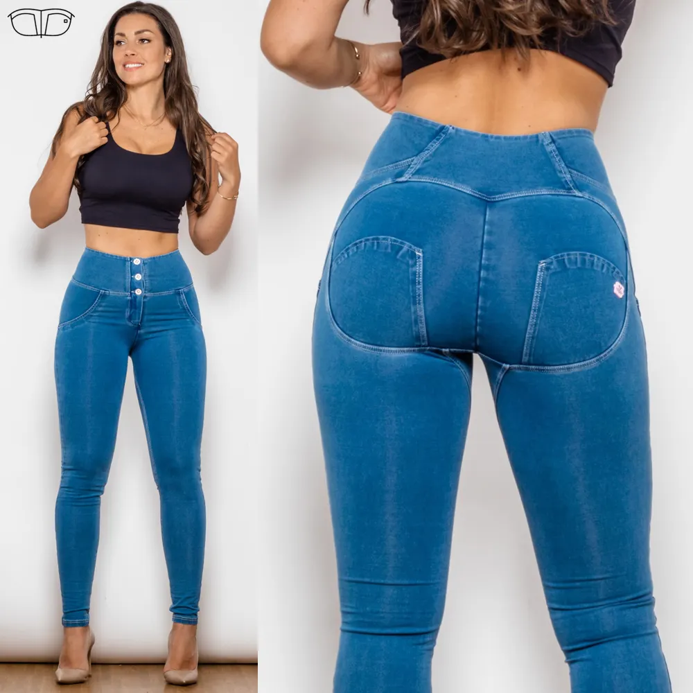 Shascullfites-pantalones vaqueros de tiro alto para mujer, mallas ajustadas con botones para gimnasio y modelado, color azul, ropa de calle