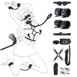 Kit de 10 Piezas de Restricciones BDSM: Antifaces, Esposas, Grilletes para Tobillos, Mordaza de <span class=keywords><strong>Bola</strong></span>, Collar, Látigo, Pinzas para Pezones, Palo y Correa para Hogtie - Product Image 1