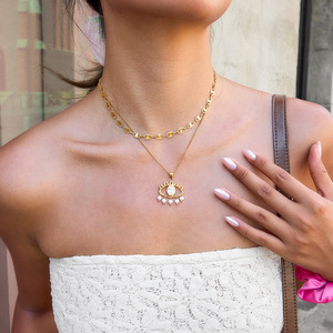 Collier pendentif œil porte-bonheur avec zircon blanc et perles, bijoux en acier inoxydable pour femme, cadeau, pièce de mode tendance - Product Image 2