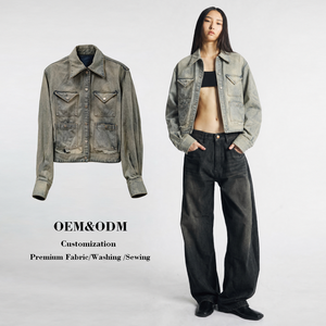 <strong>Women's</strong> Casual Denim Jackets Vintage Mud Washed Cropped Denim Jacket <strong>Women</strong> 4 Pockets <strong>Cargo</strong> Style Loose Faded <strong>Grey</strong> - Product Image 1