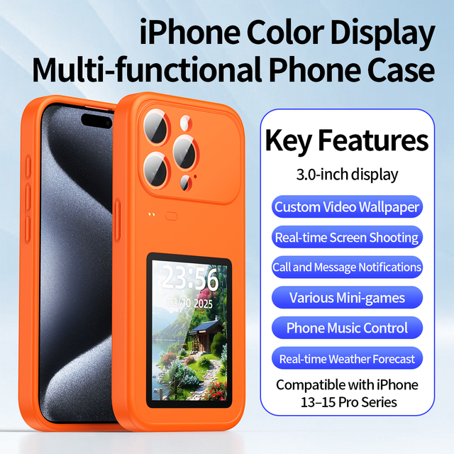 Intelligent BT Connected Case for apple for iPhone 15 14 13 Pro Max 3" Display Call Notification Music Control Protective Skin