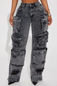 Think 2025 Jeans da donna <span class=keywords><strong>pantaloni</strong></span> in Denim da donna con tasca grande Patchwork a vita alta da donna Jeans <span class=keywords><strong>Cargo</strong></span> da donna in Denim lavato Y2k - Product Image 5
