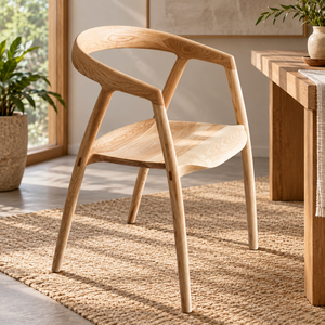 Chaise de salle à manger scandinave en bois massif, design moderne à dossier rond, mobilier de maison stable, assise et pieds en bois de teinte claire - Product Image 1