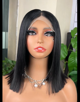 Perruque Bob Courte en Cheveux Humains Lisses Naturels, Cheveux Vietnamiens, Dentelle Transparente Sans Colle, Pré-Pluckée, Cheveux Remy, Fermeture 5*5